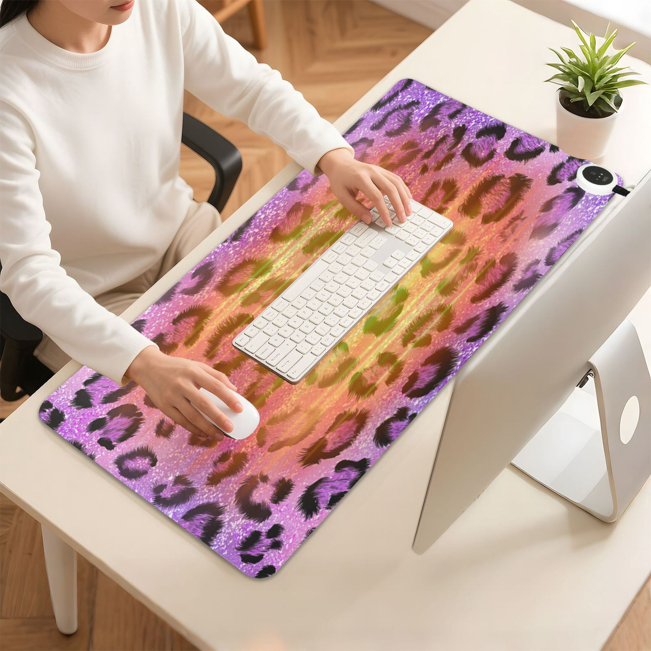 Large Heated Desk Mat Mouse Pad 31.5"x13"PU Leather Graphene Heating Desk Warmer with 3 Temperature Settings 110V US Plug Non-Slip Warm Pad for Home, Office, and Gaming Sparkle Pink Leopard Print