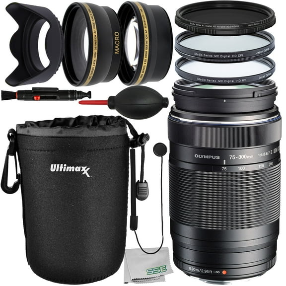 Olympus M.Zuiko Digital ED 75-300mm f/4.8-6.7 II Lens with Essential Accessory Bundle: Variable Neutral Density Filter (ND2-ND400), Water-Resistant Lens Pouch & Much More