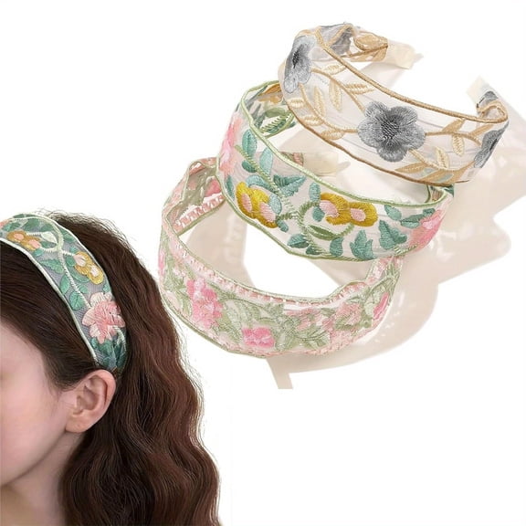 Set of 3 Floral Embroidered Headbands, Vintage Wide Flower Garden Hair Bands, Lightweight Sweet Hair Accessories for Women and Girls