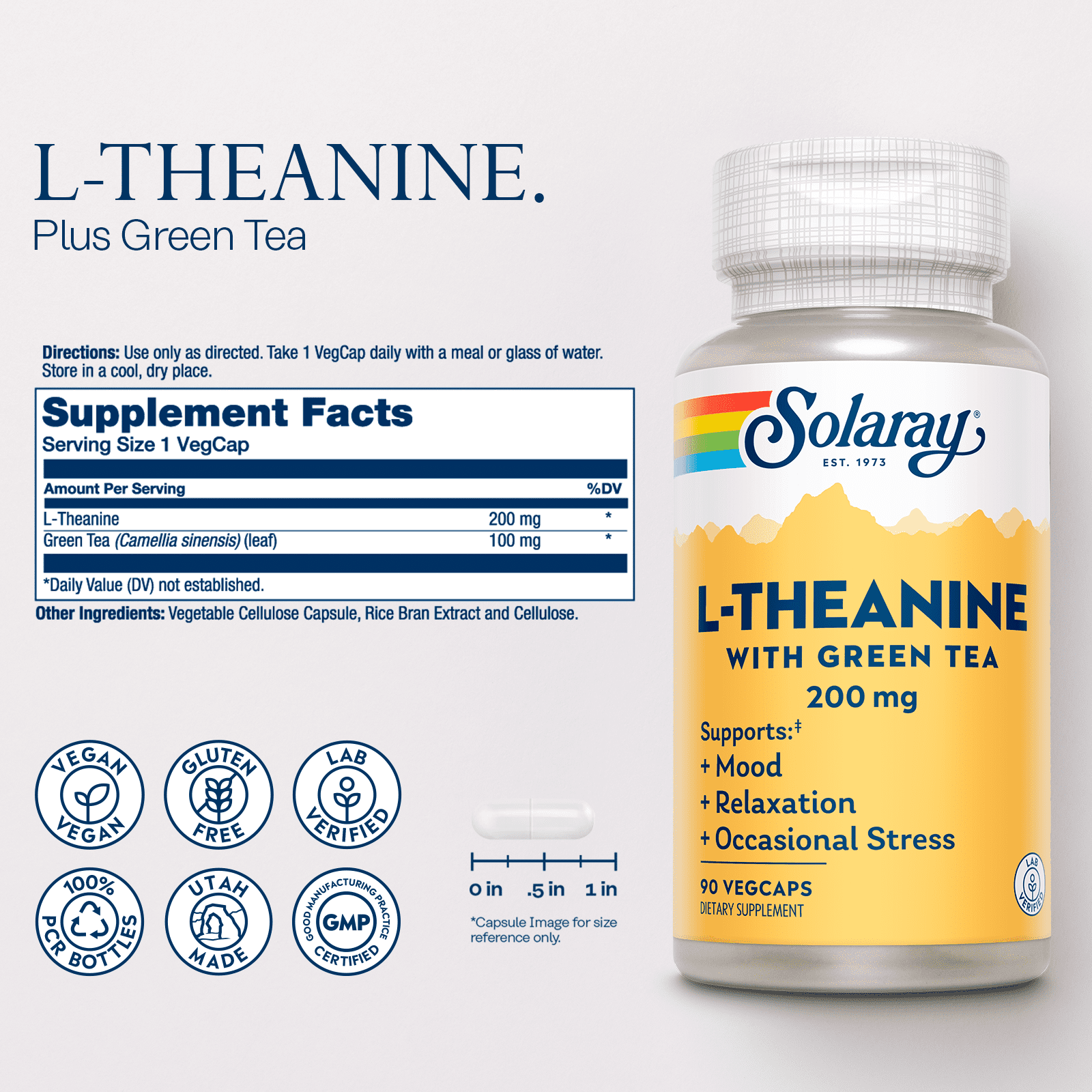 Solaray L-Theanine - 90 VegCaps - 200 mg + 100 mg Green Tea Leaf