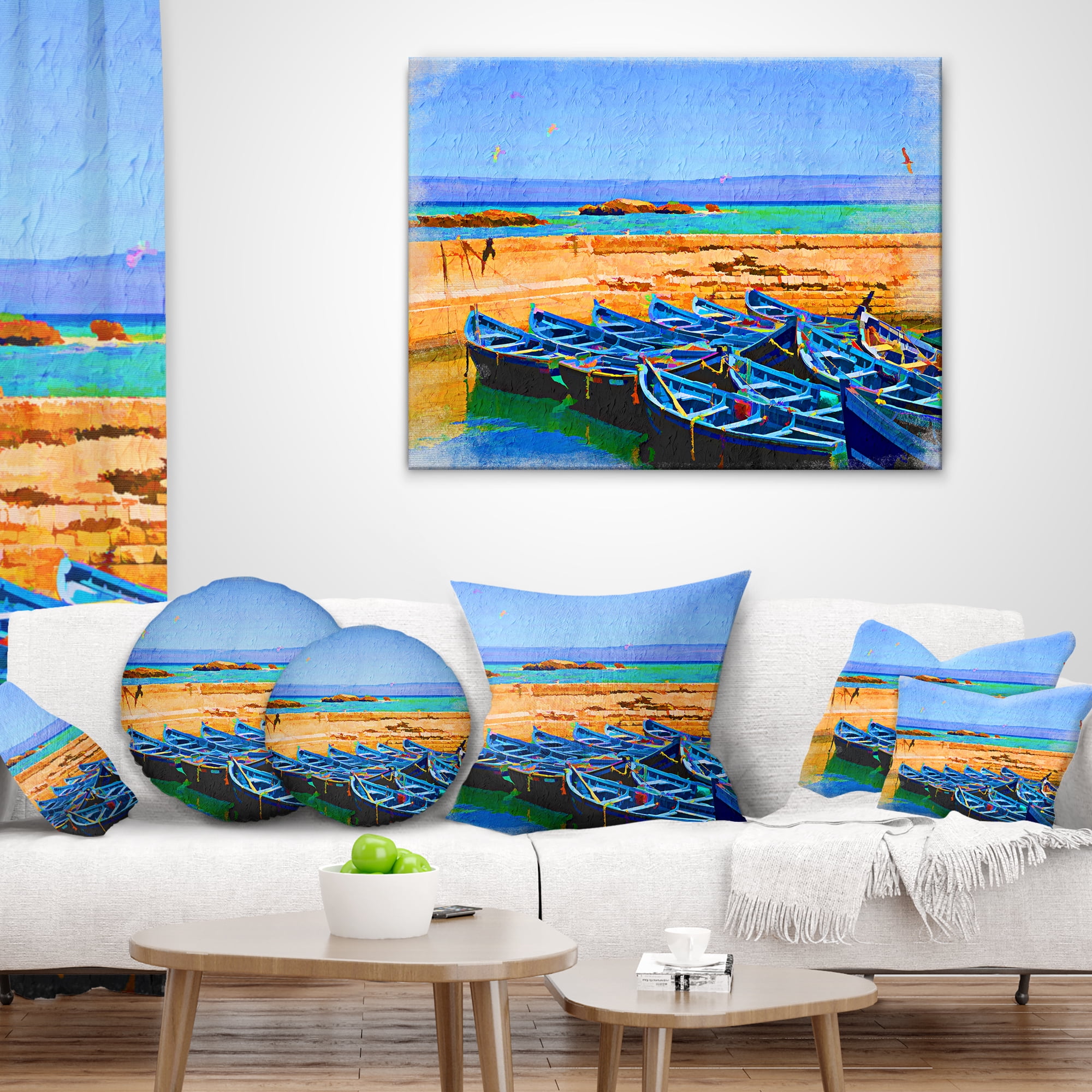 Designart Blue Boats in Sea - Seascape Throw Pillow - 18x18