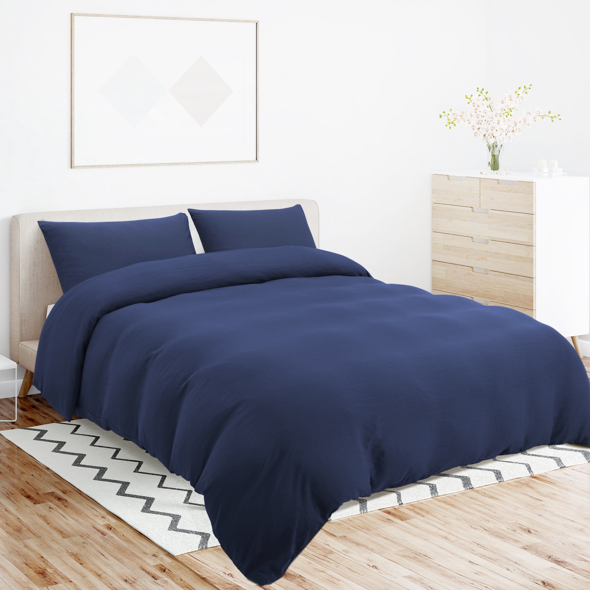 Unique Bargains 100% Microfiber Soft 3 Pieces Duvet Cover Set Queen Navy Blue