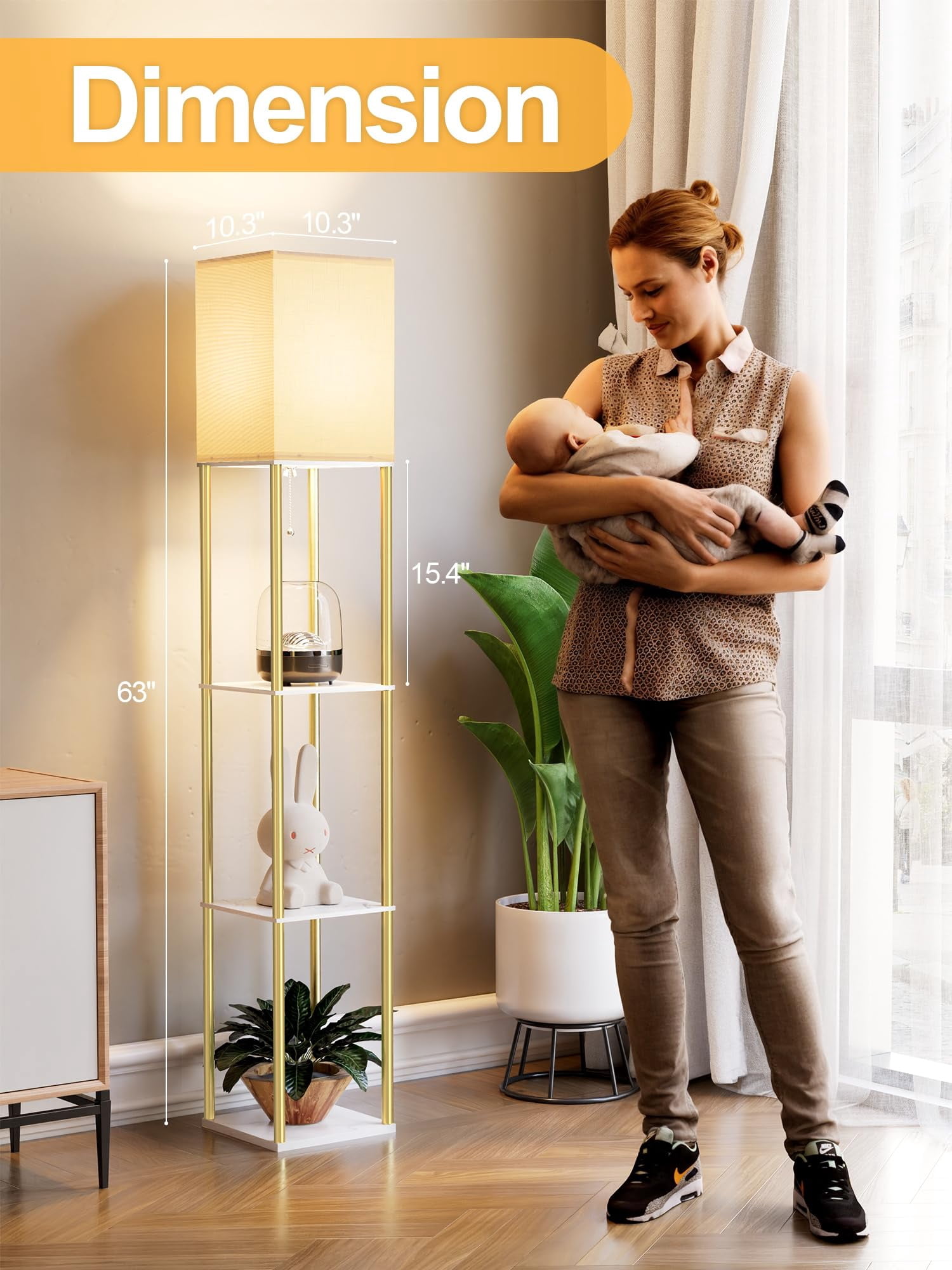 Floor Lamp With Shelves  Modern Corner Display Standing Column Shelf Etagere Organizer Tower Nightstand White Linen Shade For Living Room Bedroom And Office Marble Poles