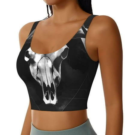 Haiem White Black Sheep skull Pattern Womens Sports Bra - U Neck Padded Low Impact Yoga Bra Workout Crop Top Gym Moisture-Wicking Workout Vest -Large