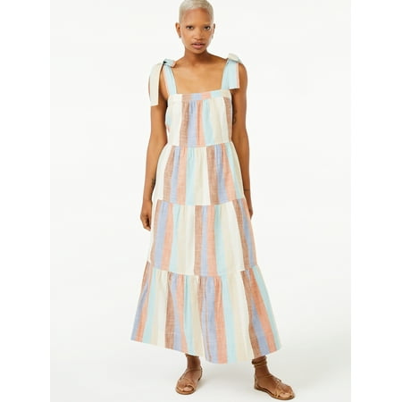 Free Assembly Women's Tie Shoulder Tiered Maxi Dress