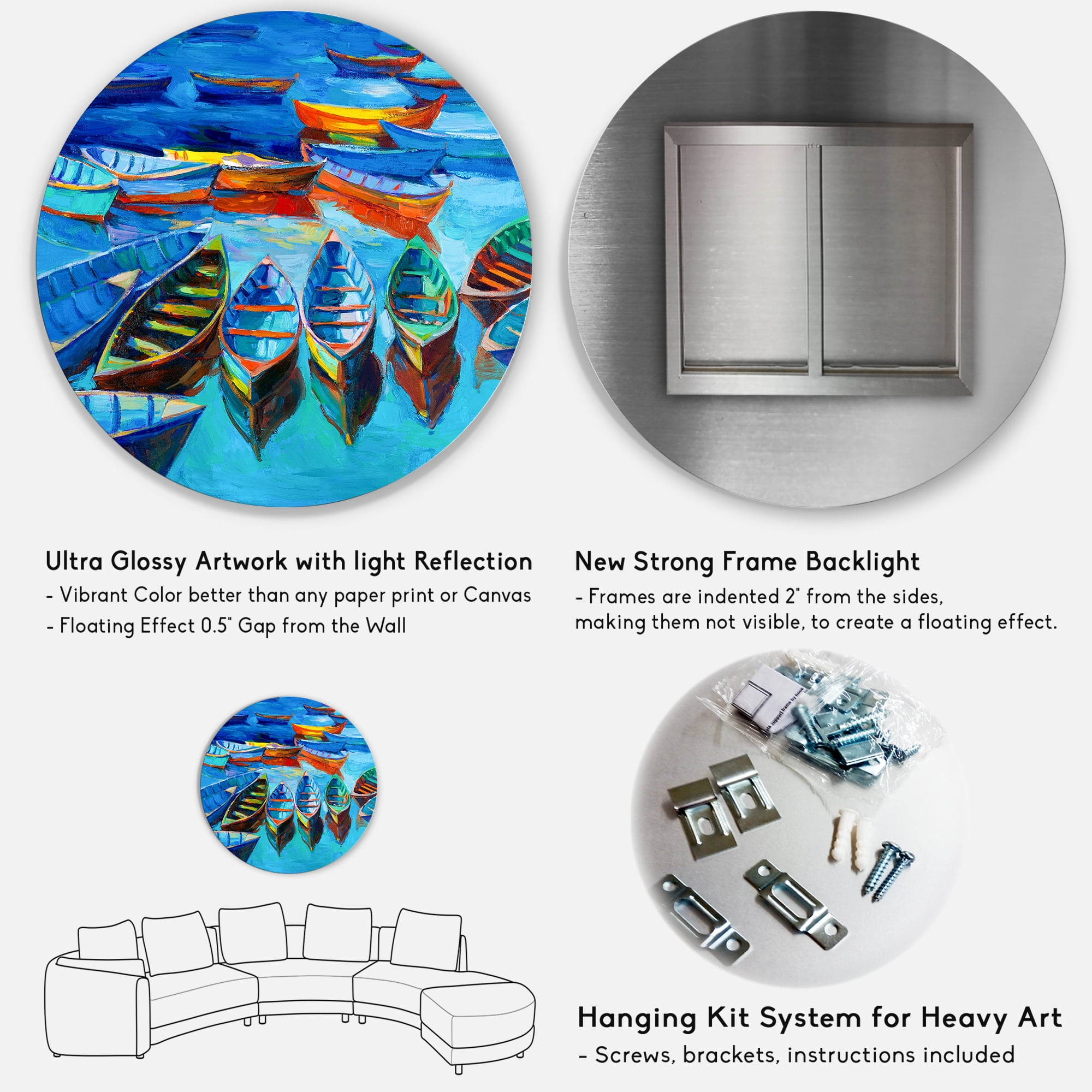 Designart 'Little Boats Wating In The Blue Harbour' Nautical & Coastal Circle Metal Wall Art 23x23 - Disc of 23