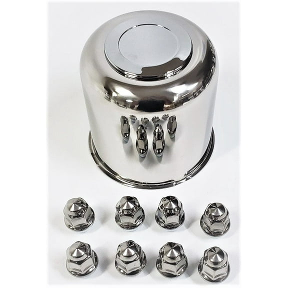 Trailer Wheel Lug and Cap Set - Stainless Hub Cover With 8 Stainless Lug Nuts For 4.90