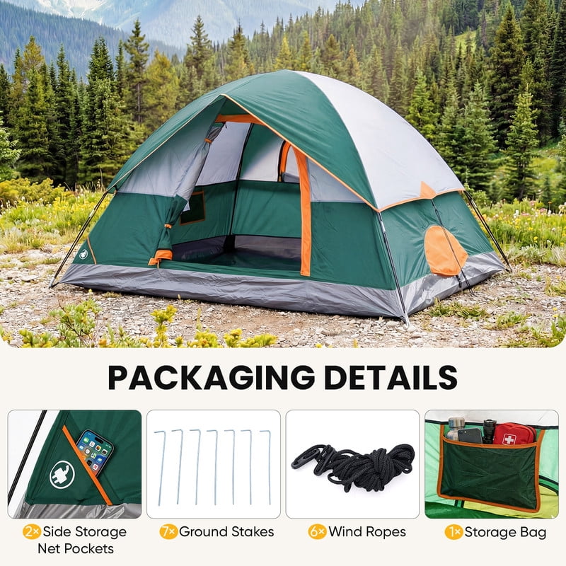 Gianna 4 Person Waterproof Camping Tent with Rainfly, Easy Setup Dome Tent with Mesh Windows & Skylights, Lightweight Portable Tent for Outdoor Camping, Festivals & Backyard, Green