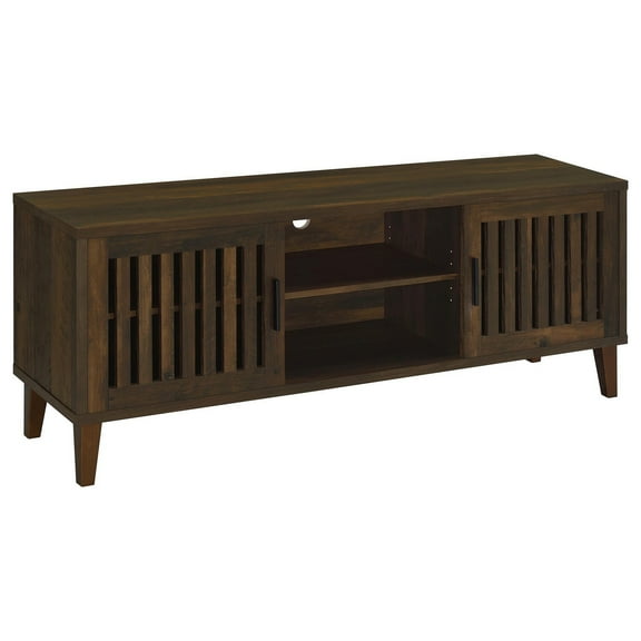 Sid TV Stand Media Cabinet- 2 Slatted Doors- Shelf- Brown Wood 60 Inch