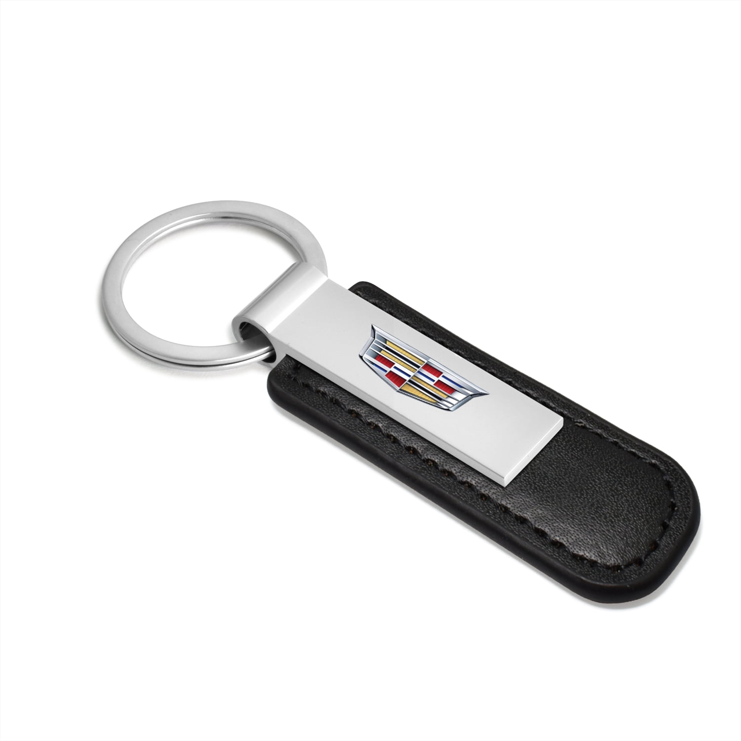 iPick Image for Cadillac Crest Logo Silver Metal Plate Black PU Leather Strap Key Chain, Official Licensed