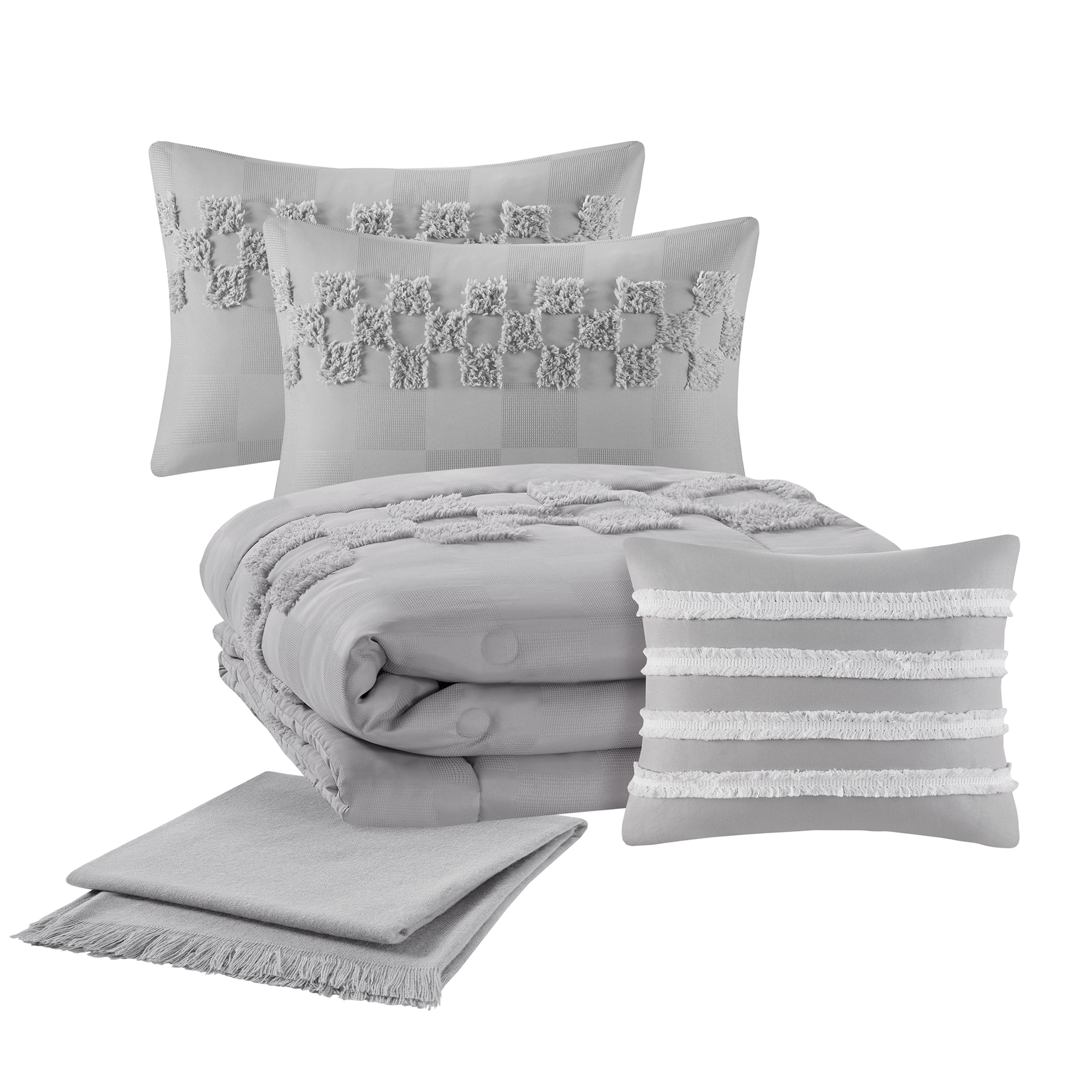 Mainstays 5-Piece Grey Check Comforter Set, Full/Queen