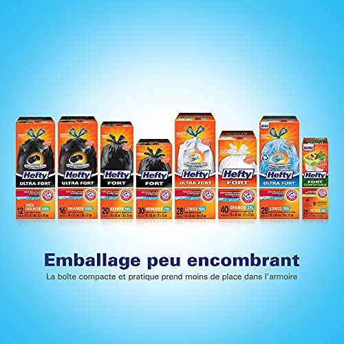 Hefty™ Lot de 30 sacs poubelle Strong Regular 75 litres noirs, EasyFlaps™, neutralisant les odeurs Arm & Hammer