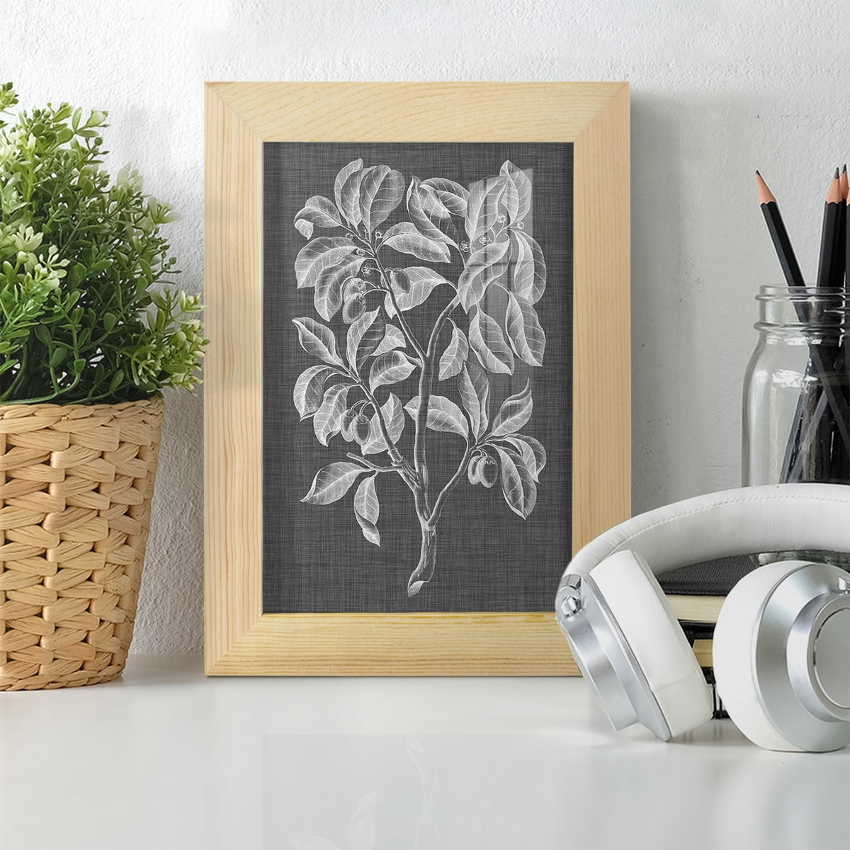 Graphic Foliage I - Framed Print w/glass - Natural Wood