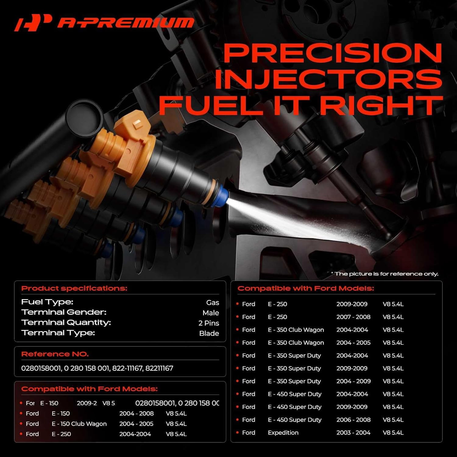 A-Premium Fuel Injectors Compatible with Ford Expedition 03-04, E-150 E-250 E-350 E-450 Club Wagon Super Duty, V8 5.4L, Set of 8, Replace# 0280158001, 822-11167