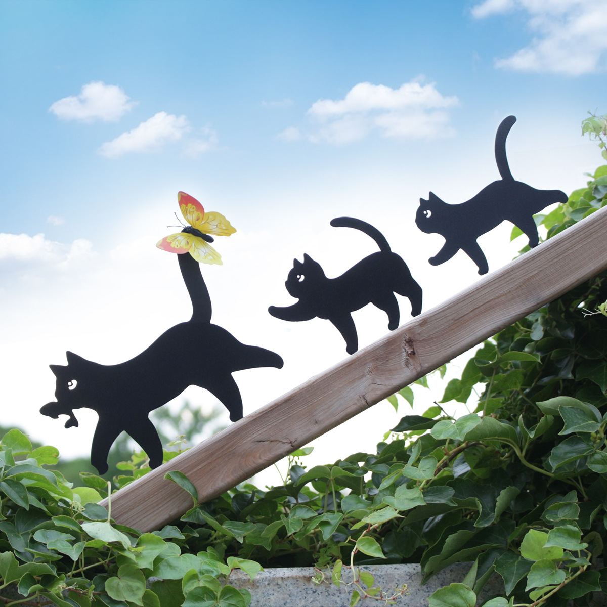 Black Cat Mother - and - Son Garden Stakes Set - Outdoor Cat Silhouette Yard Art & Lawn Fence Decor