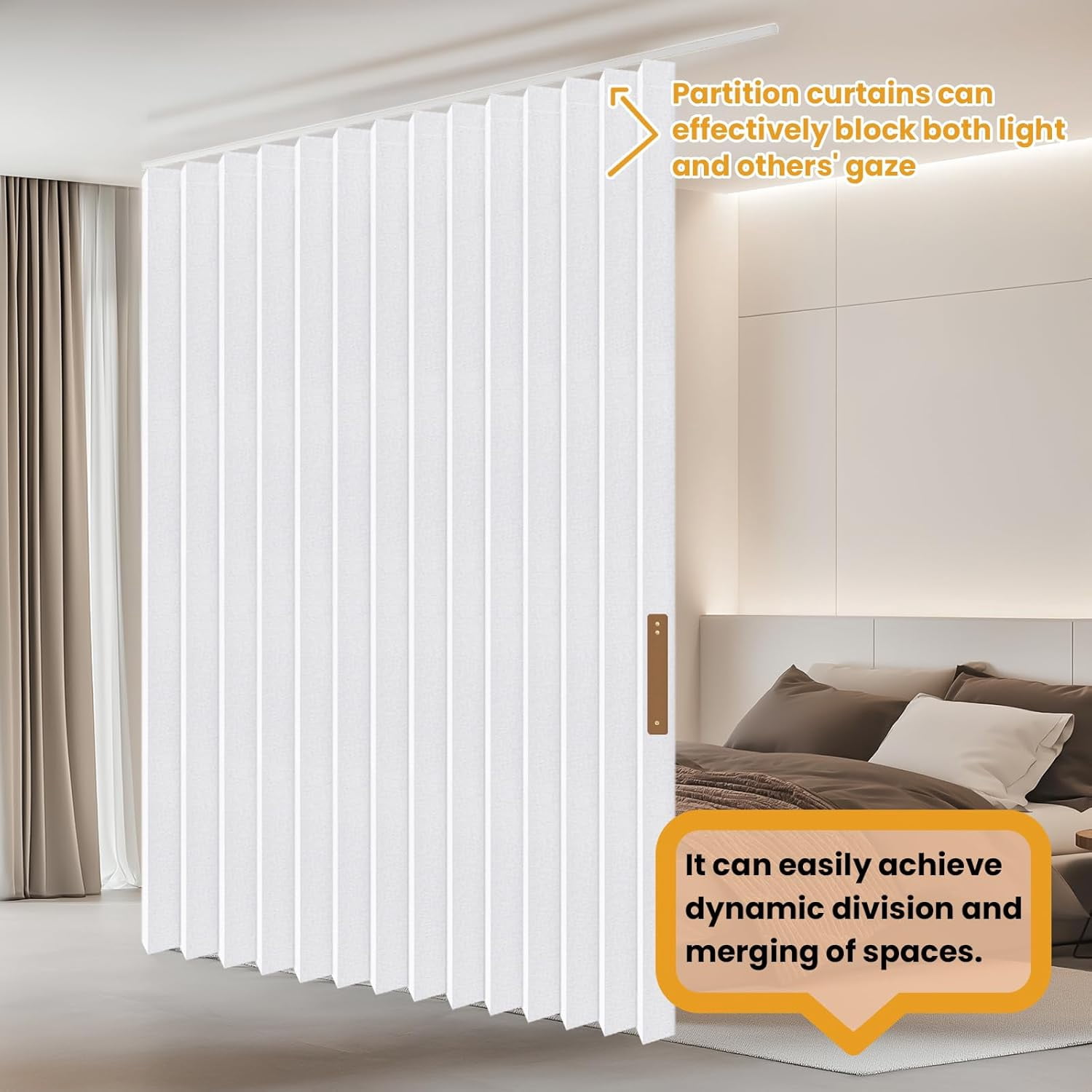 Hanging Accordion Room Divider with Track System - Ceiling-Mounted Partition Curtain, Simple Installation(White 100" W x 108" L-Pack of 1)