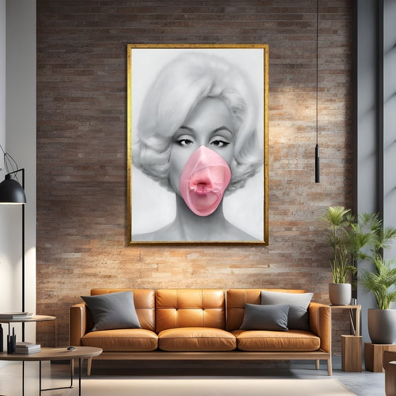 Iconic Bubblegum Portrait On Print | Modern Black And White Wall Art With Pink Accent | Stylish Pop Art For Home Decor UNFRAMED Poster, Wall Art for Decor, Present, 8x12