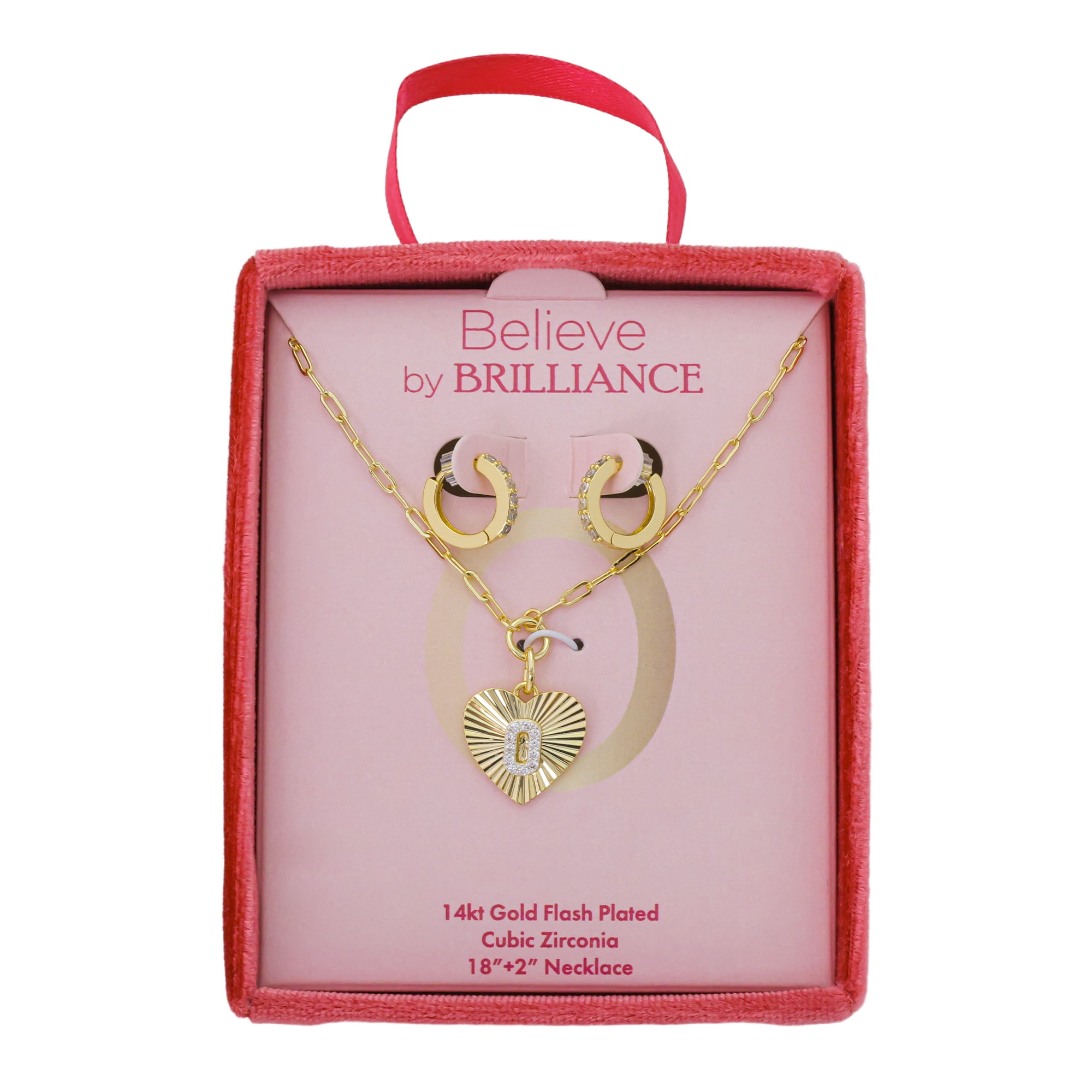 Believe by Brilliance Women's 14Kt Gold Flash Plated Cubic Zirconia Initial O Heart Pendant Necklace and Hoop Earring Set, 18+2"