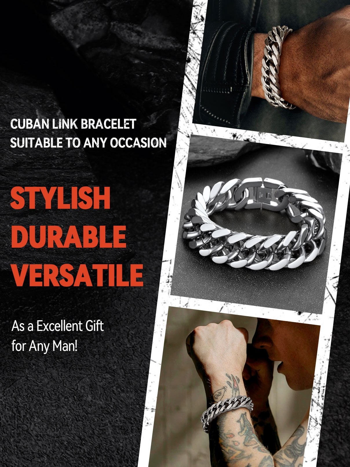 FaithHeart Cuban Curb Link Bracelets for Men, Stainless Steel Chain Wrist Bracelets Hip Hop Jewelry Gifts for Son Boyfriend Father's Day Christmas 17MM Width