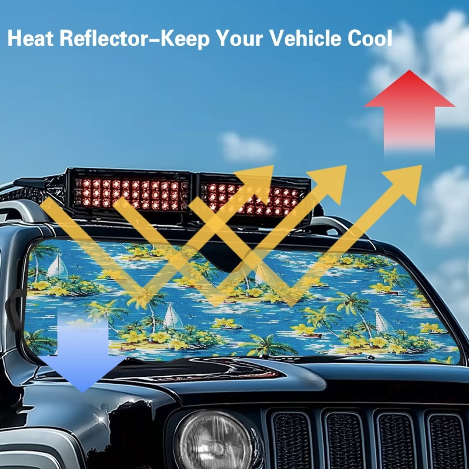 Uorisanigo Foldable Windshield Sun Shade Hawaiian Sailboat Print Sunshade Front Window Shield Fit for Jeep Wrangler JL 2/4 Door & 2024 2025 Jeep Wrangler 4XE ,Keep Car Interior Cooler