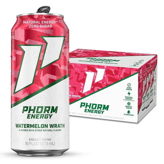 Phorm Sugar Free Energy Drink, Watermelon Wrath, 16 fl oz Cans, 12 Pack, 200 MG Natural Caffeine