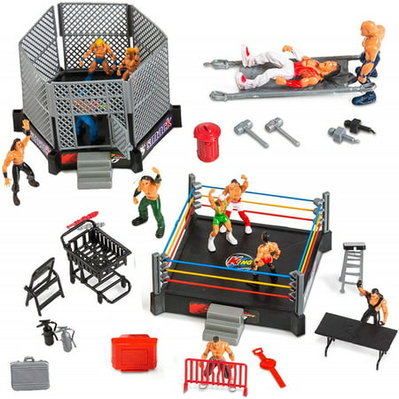 ToyVelt 32-Piece Wrestling Toys for Kids - WWE Wrestler Warriors Toys with Ring & Realistic Accessories - Fun Miniature Fighting Action Figures Includes 2 Rings - Great Gift for Boys and (Best Wwe Wrestlers Of The 90s)