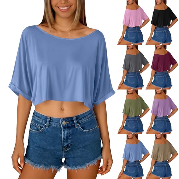 AKOEE Crop Tops for Women Loose Casual Off Shoulder Wide Boatneck Short Sleeve Summer Cute Tee Shirts (L, Blue)