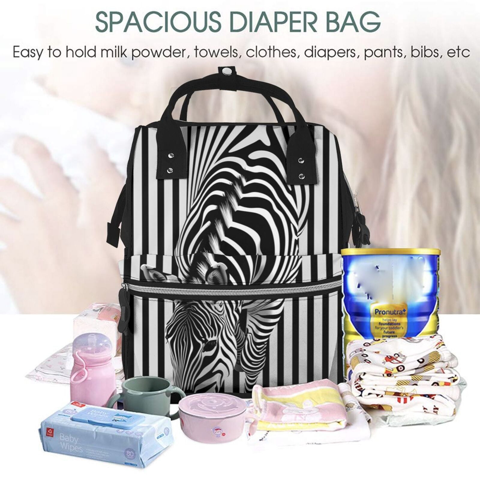 Defioc Optical Zebra Illusion for Baby Diaper Bag Backpack - Baby Bag for Boys & Girls - Diaper Backpack - Large Travel Diaper Bags- Baby Registry Search & Shower Gifts