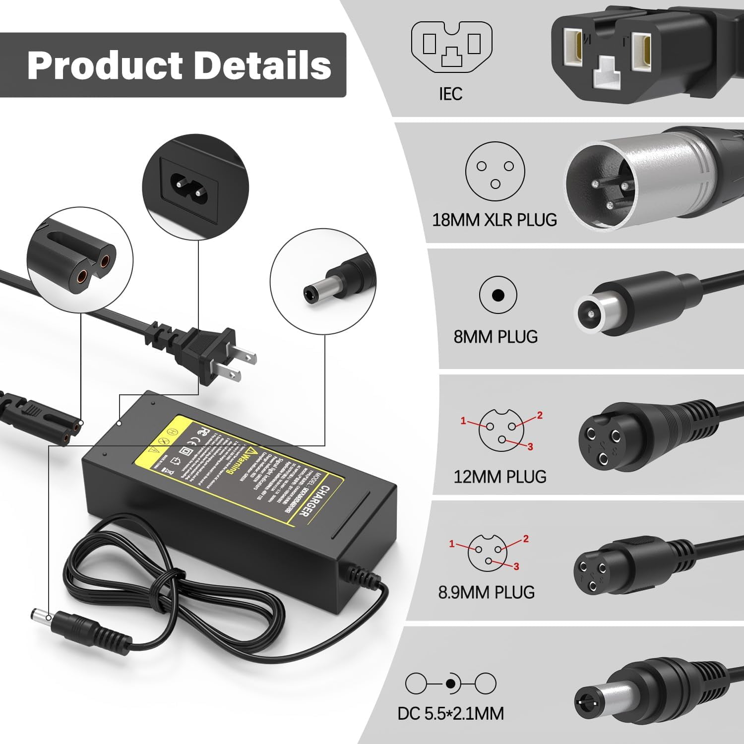 54.6V 2A Fast Charger 7 in 1 Plugs Universal for 48V 13S Lithium Batteries, Pinkind 48V Li-ion Battery Charger Replacement for Razor
