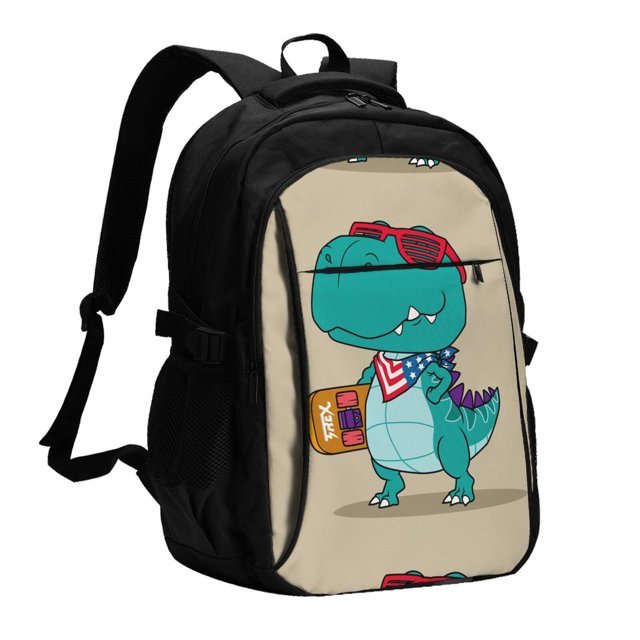 Easygdp Cool Dino Playing Skateboard Mochila para Laptop de Viaje con Puerto USB, Mochila para Laptop con Puerto de Carga USB para Mujeres y Hombres