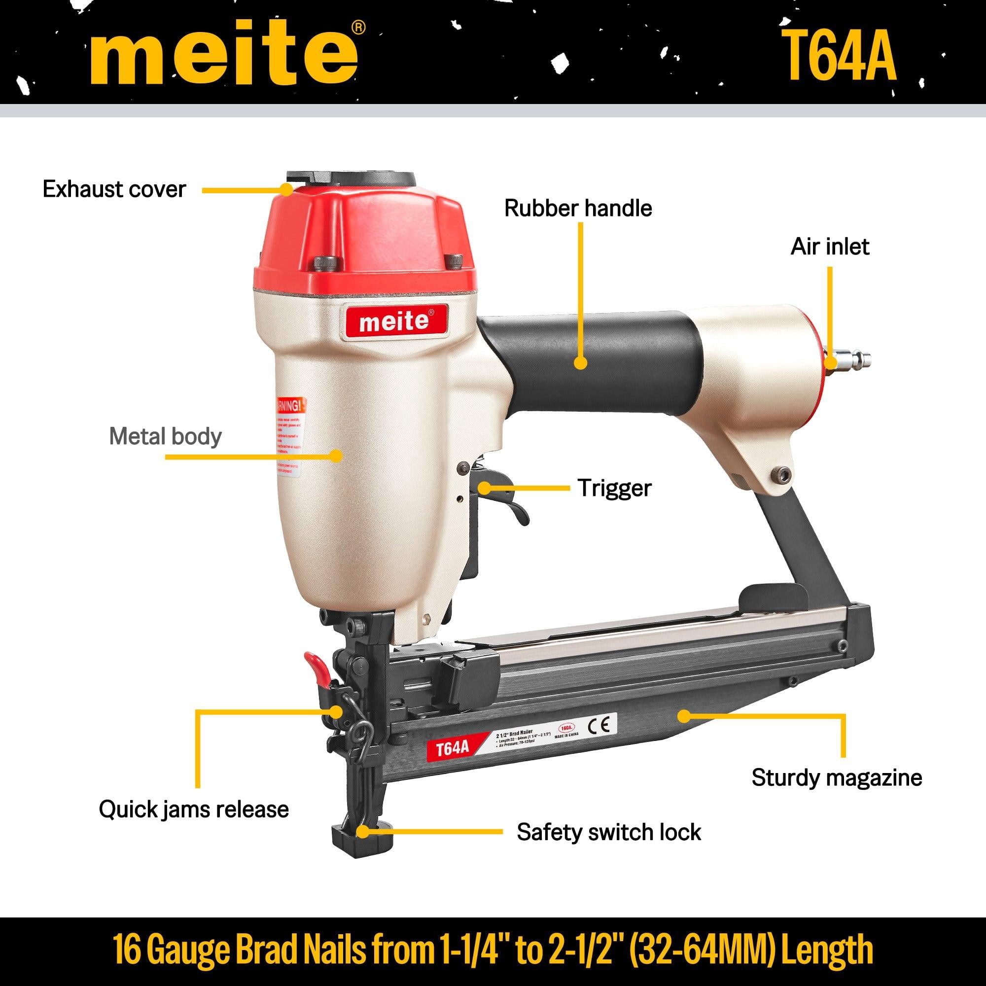 MEITE T64A Pneumatic Finish Nailer 16 Gauge Pneumatic Finish Nail Gun 1-1/4" to 2-1/2" Length