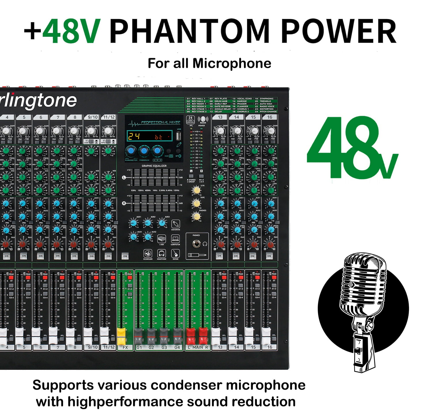 Berlingtone BR-216MX,16-Channel Professional Bluetooth Audio Mixer, PC Recording, 24 DSP Effects,48V Phantom Power,14 Microphone Jack, 2 Stereo Input Soundboard,14 band EQ, RCA Input/Output, Unpowered