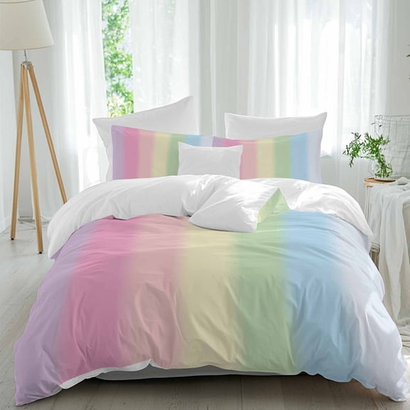 3 Piece Rainbow Stripes Duvet Cover Set California King,Microfiber Comforter/Quilt Cover with Corner Ties and 2 Pillowcases,Modern Colorful Cream Striped Aesthetics Soft Bedding with Zipper Closure
