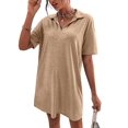 thumbnail image 2 of Women Summer V-Neck Dress Summer Short Sleeve Loose Fitted Casual Collared T-Shirt Dress Khaki L, 2 of 6