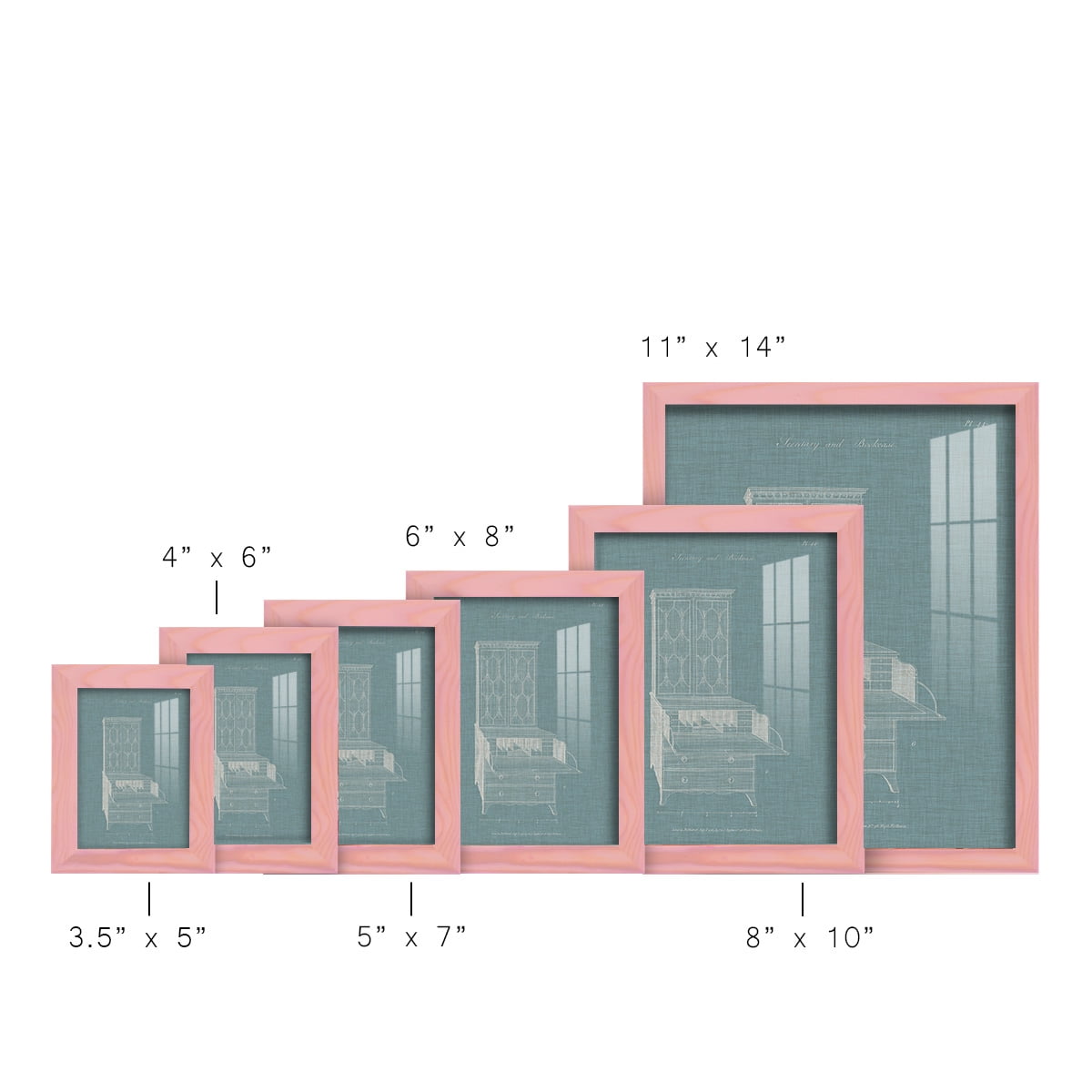 Hepplewhite Desk & Bookcase I - Framed Print w/glass - Sunset Pink