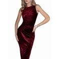 thumbnail image 2 of Female Sleeveless Velvet Cocktail Dresses Cowl Neck Party Midi Wedding Guest Dress Ruched Back Slit Bodycon Dress Red S, 2 of 8