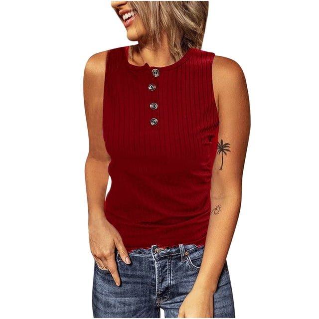Pompotops Débardeurs Décontractés pour Femmes Sans Manches Boutons Amincissants Col Rond Uni Pull Blouse Hauts