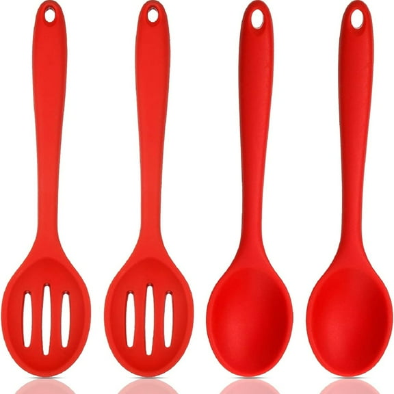 SUTENG 4 Pieces Silicone Nonstick Mixing and Slotted Spoons Set, Large Silicone Serving Slotted Spoon Nonstick Heat Resistant Spoons for Kitchen Baking Stirring Draining Tools (Red)