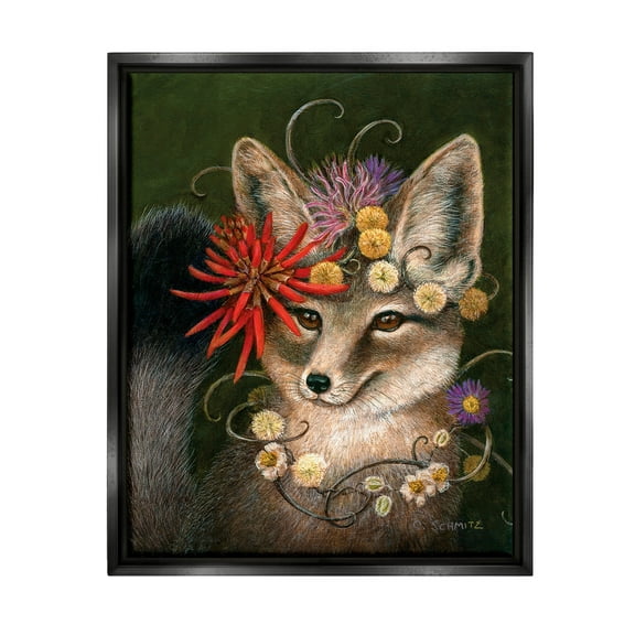 Stupell Industries Botanical Fox Flowers Painting Jet Black Floating Framed Canvas Print Wall Art, Design by Carolyn Schmitz