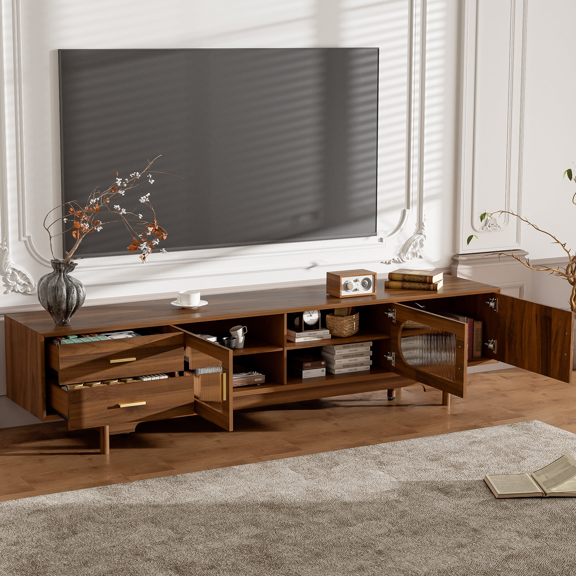 TV Stand for TVs up to 85 Inch, Entertainment Center with Fluted Glass Doors & 2 Drawers, Media Console with Solid Wood Legs for Living Room