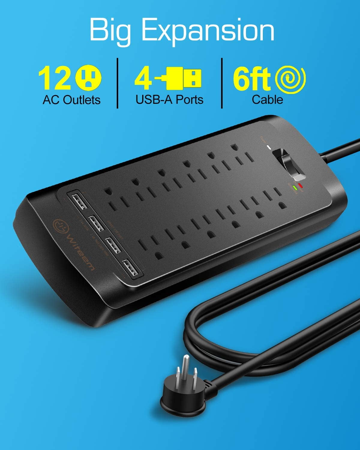 Witeem Power Strip with 12 Outlets Power and 4 USB Charging Ports, for  Computer Laptops Smartphone Home Office