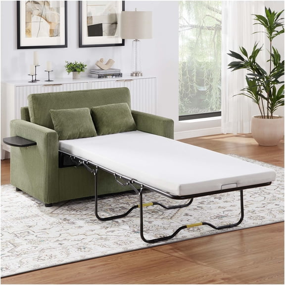 JERFIT Green Corduroy Convertible Sofa Bed with Twin Sleeper, USB Charging Ports, Side Table & Storage Pocket for Small Spaces