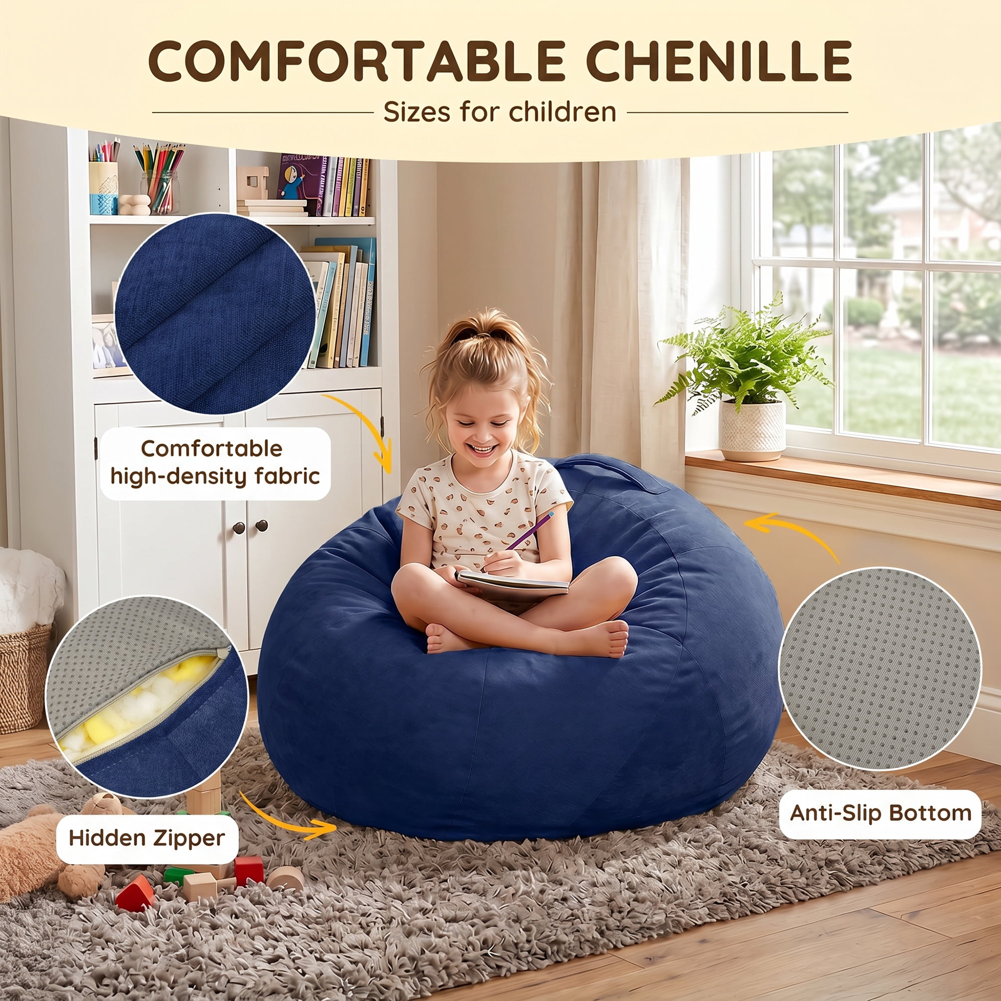 2.5FT Velvet & Chenille Bean Bag Chair for Teens, High-Density Foam Filled Soft Bean Bag Sofa with Carry Handle, Non-Slip Bottom for Bedroom Playroom Living Room