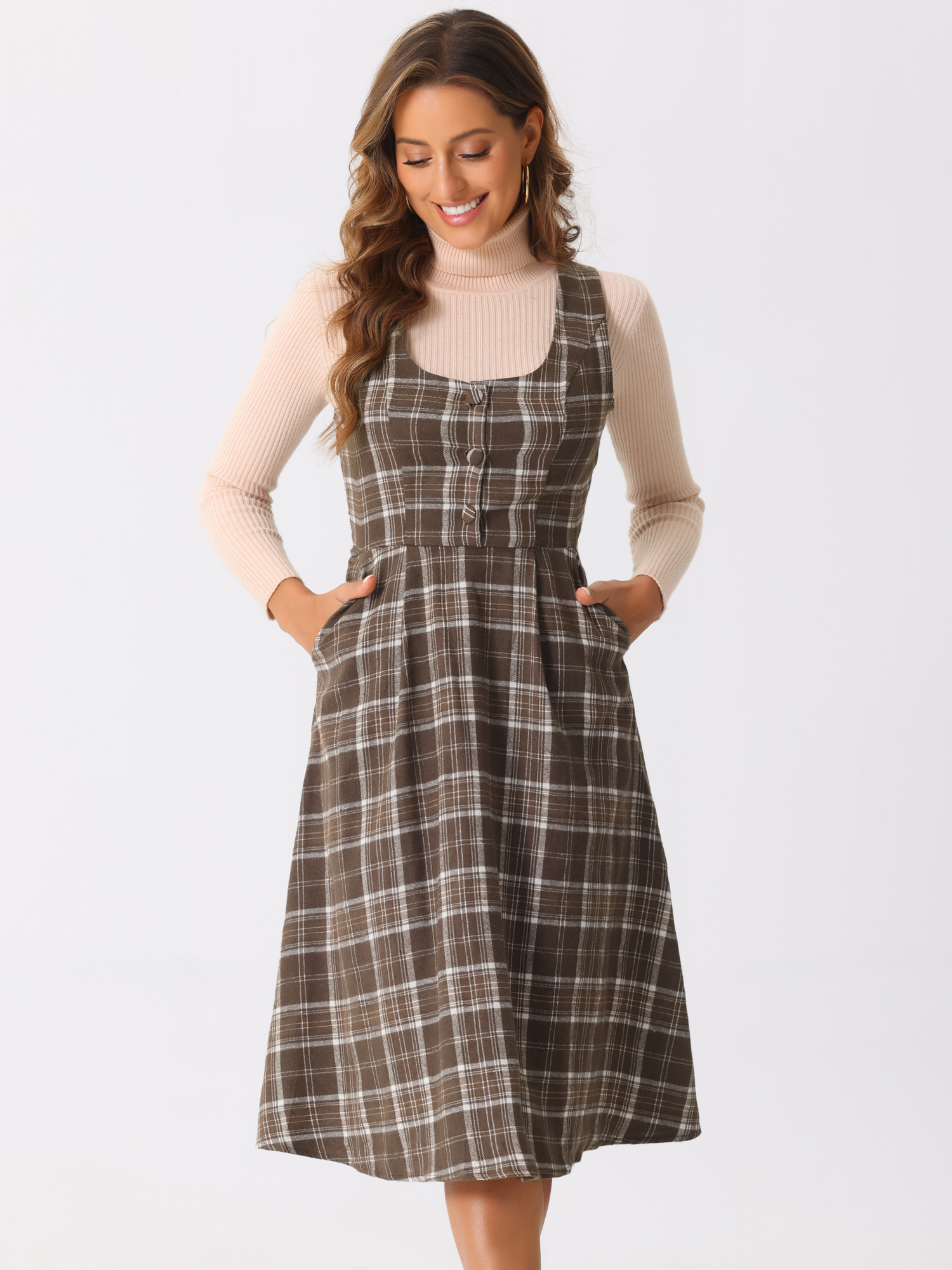 DARING DIVA Women's Vintage Sleeveless A Line Midi Pinafore Dress XS Brown