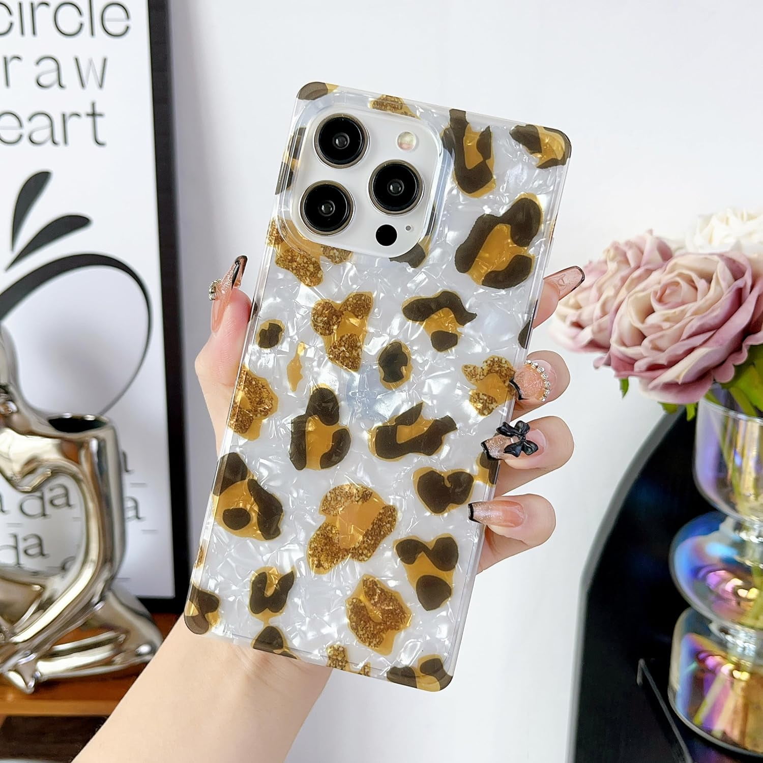Changjia for iPhone 15 Pro Max Square Edge Case for Women, Cute Luxury  Golden Decoration Soft TPU Bumper Shockproof PU Leather Back Girls  Protective