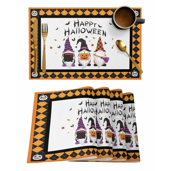 Placemats Set of 12 Halloween Pumpkin Purple Orange Gnome Plaid Heat Insulation Washable Place Mats, Rustic Non-Slip Table Mats for Dining Table Party Kitchen Decor,13x19 Inch