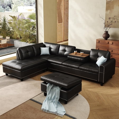 AENKYO 98" L-Shaped Sectional Sofa with Reversible Chaise, Storage Ottoman & Cup Holders, Faux Leather, Black