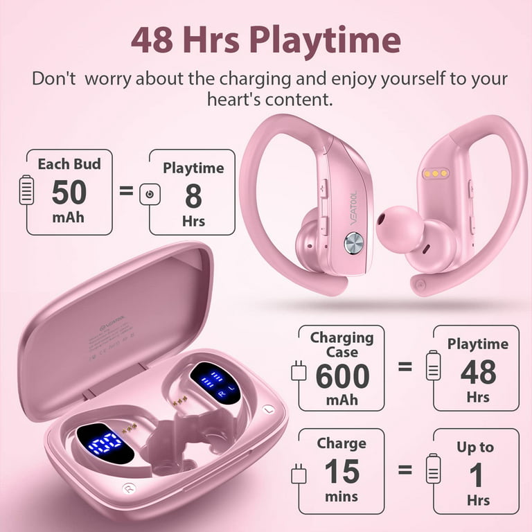 Wireless Earbuds Bluetooth Headphones 48hrs Play Back Sport Earphones with  LED Display Over-Ear Buds with Earhooks Built-in Mic Headset for Workout  Pink BMANI-VEAT00L 