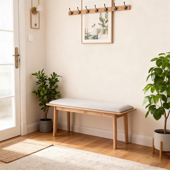 Kmax Entryway Bench, 46" Dining Bench with Wood Leg Rustic Upholstered Window Bench for Entrance Dining Room Living Room - Chenille Beige, Natural Legs