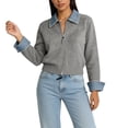 thumbnail image 3 of Women'S Denim Spliced Collar Zip‑Up Knit Cardigan Top Gray One size, 3 of 7